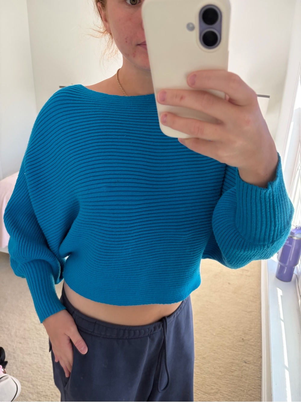Pink Rose Teal Blue Off-the-Shoulder Cropped Sweater